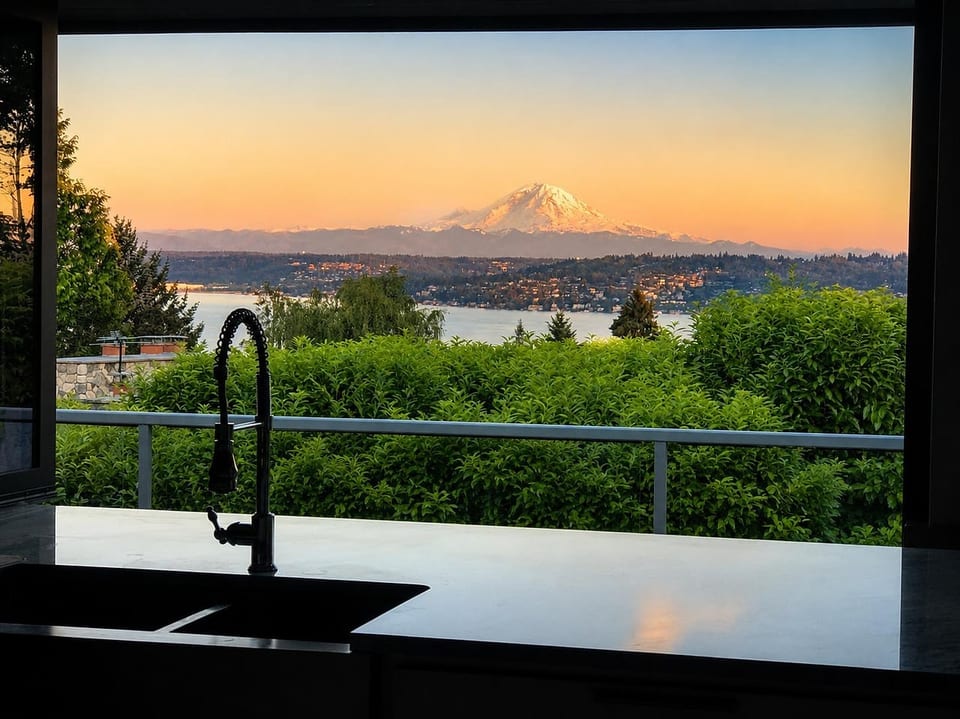 Scenic kitchen view with sunset, water, and mountain backdrop