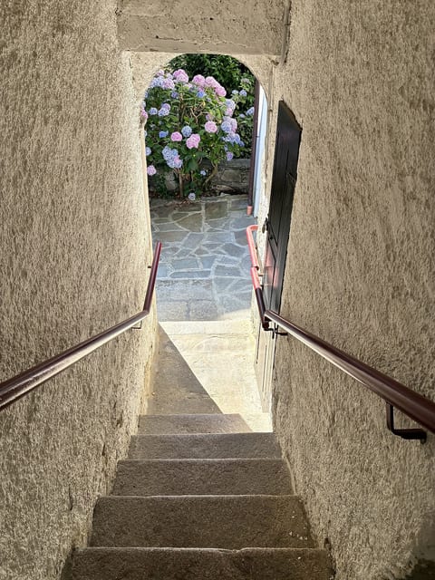Charming stone passage opens to a peaceful patio with blooming hydrangeas
