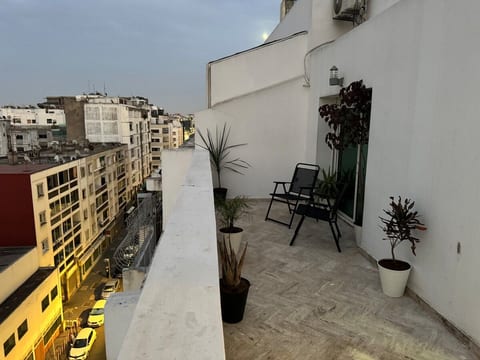 Second private terrace with lounge seating, tropical plants and open city views — a quiet retreat to relax, read or enjoy the fresh Casablanca breeze away from the main dining terrace.