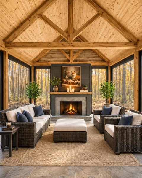 Inviting screened-in porch with fireplace