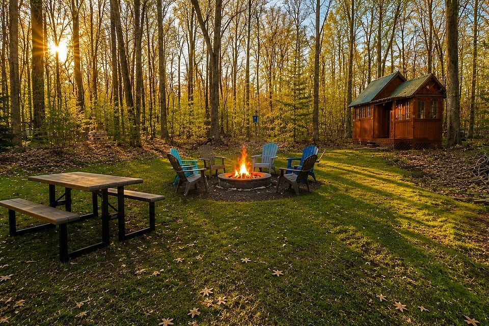 As you step outside, you’ll be able to enjoy our entertaining backyard with a picnic table, bonfire and string lights or enjoy the bonus game room with a table to play games and darts.