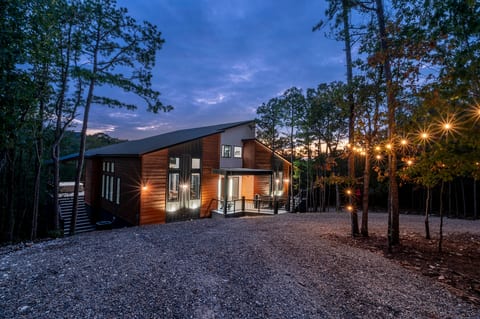 Front view of cabin at Night