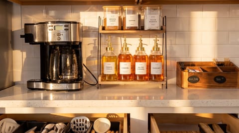 Inviting coffee bar with flavored syrups, tea station, and organized essentials