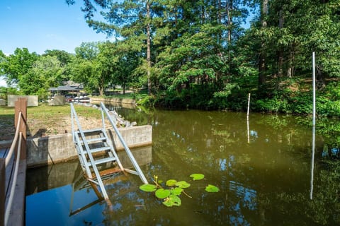 Serene waterfront access with lush greenery