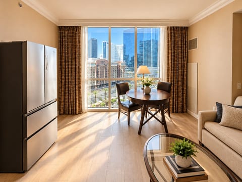 “Refreshed MGM Signature Studio 7703 with new tile flooring, a larger refrigerator, and beautiful Las Vegas city views