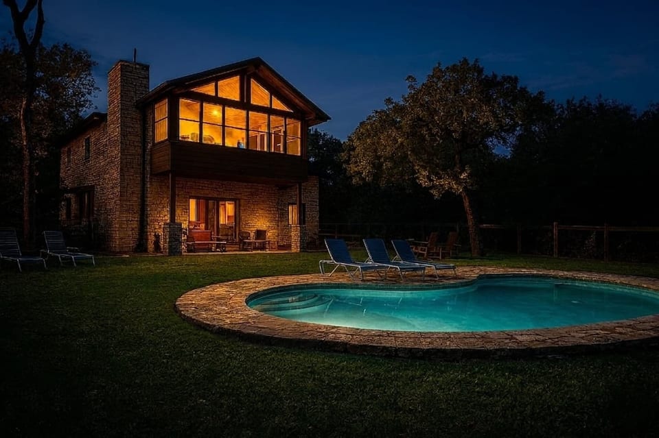 Secluded stone home with private lit pool, loungers & balcony