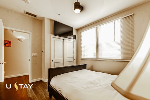 Bright, cozy bedroom with natural light, TV, and ample closet space