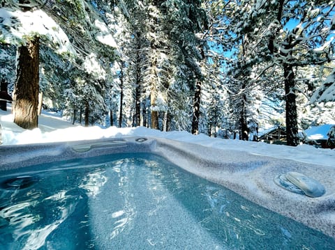 Such an amazing hot tub setting, surrounded by towering pines and snow