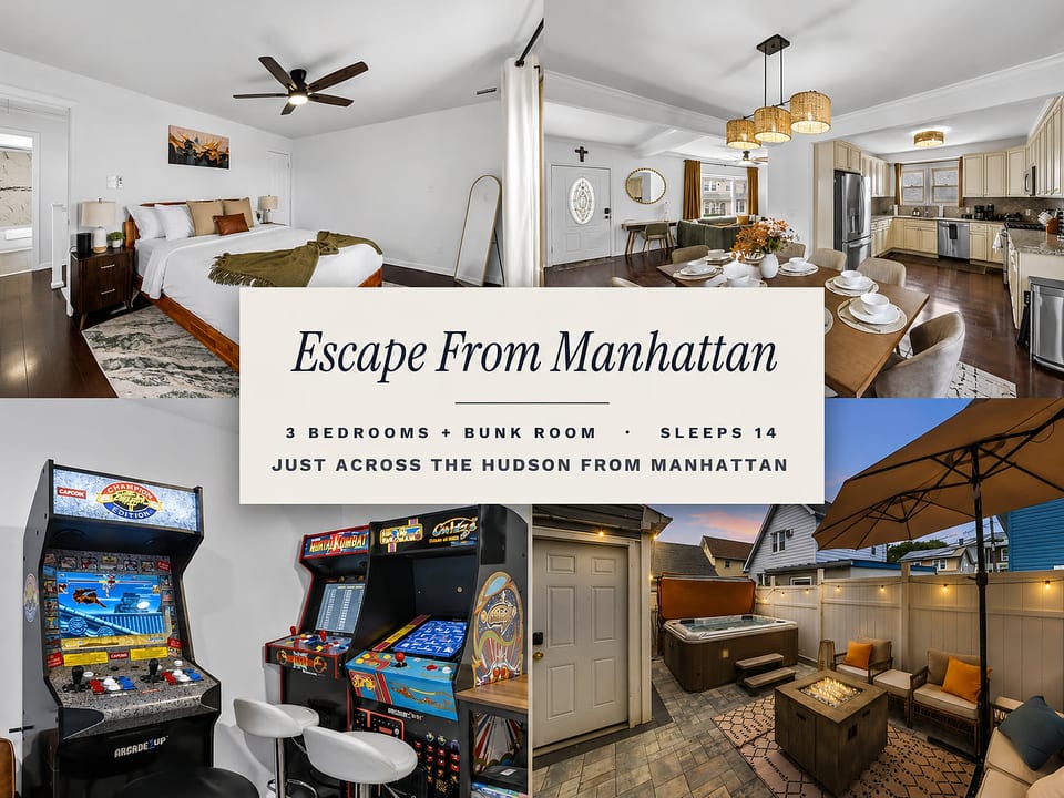 Unwind in our private backyard retreat with a bubbling hot tub, cozy fire pit, comfortable seating, and warm evening lights—the perfect place to relax, recharge, and Escape from Manhattan.