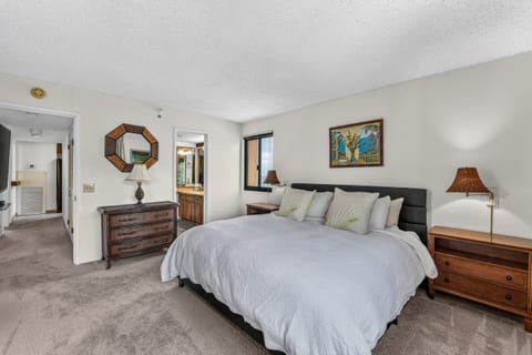 Primary Bedroom's king bed sits under central A/C, tropical art on the walls.