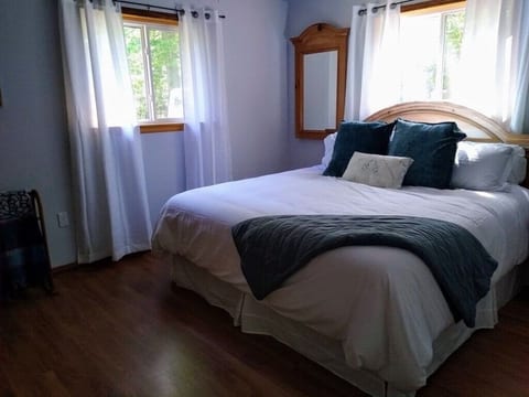 Relaxing lake themed bedroom with comfortable king bed.