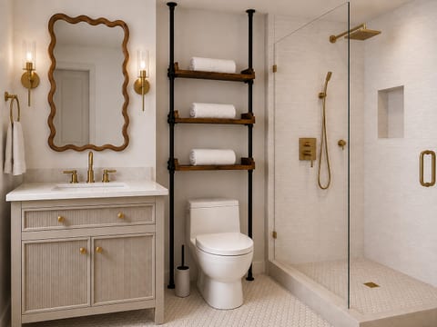 Elegant spa-style bathroom with glass shower and luxe brass finishes
