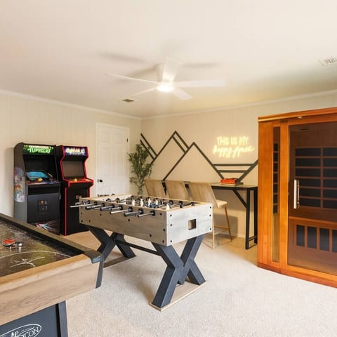 Unwind and have fun with games or relax and recharge in the private sauna—perfect for a refreshing escape.