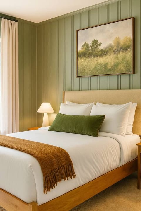 Peaceful bedroom retreat with soft lighting and cozy, inviting bedding for restful nights.