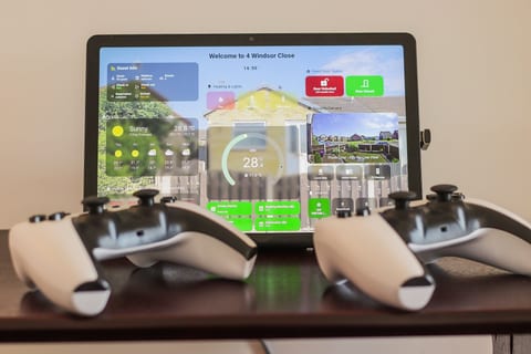 Smart guest hub with house guide, local map, heating, lighting, front-door status, and stay controls