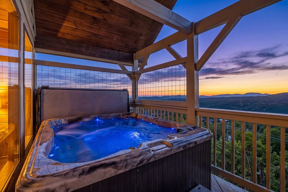 Private hot tub with beautiful Smoky Mountain sunset views