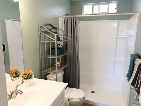 Spacious bathroom with a walk-in shower that's located at the end of the living room.