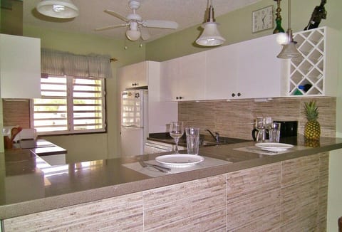 Fully renovated kitchen, with countertop space for eating