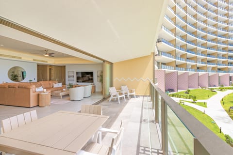 Spacious balcony with garden views