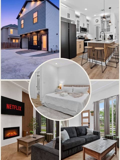 Modern home with bright kitchen, cozy fireplace lounge, and stylish bedroom
