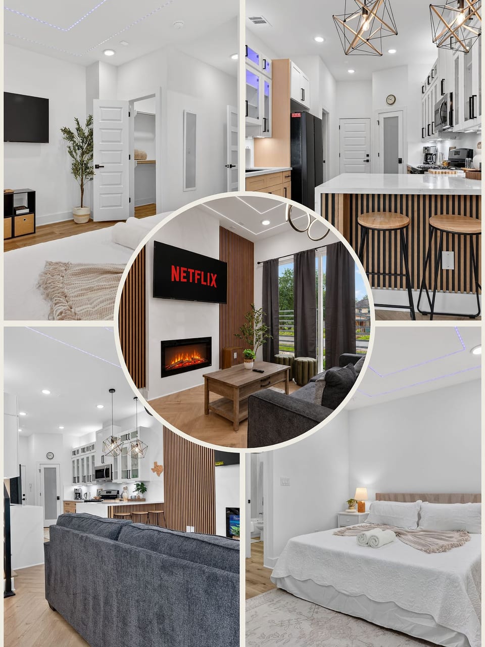 Bright modern retreat with fireplace, breakfast bar, and cozy open layout