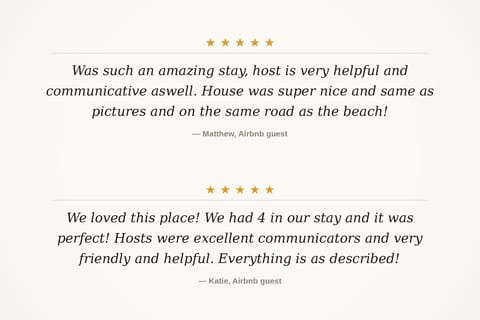 5-star guest reviews praising the host, home, and beachside location
