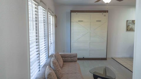 Bright living room with natural light and stylish Murphy bed