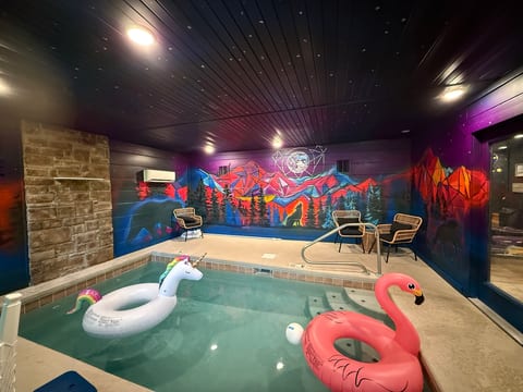 Private indoor plunge pool with vibrant mural and playful floats