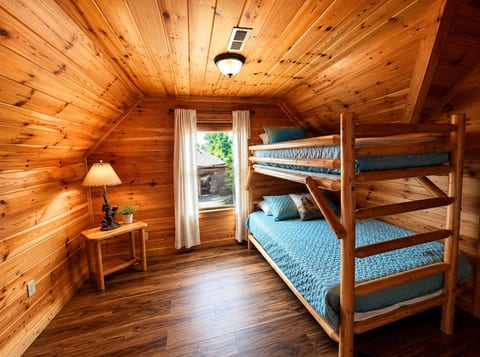 Cozy wood-paneled bunk room with rustic cabin charm and natural light