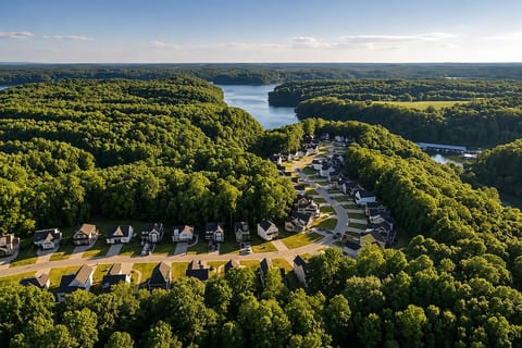 Aerial view of the Lakeside Cottage Retreat community surrounded by beautiful Tennessee woods, with Tim’s Ford Lake just beyond the neighborhood and Holiday Landing Marina nearby.
