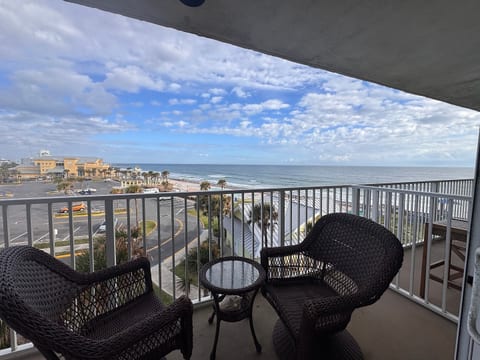 balcony with a beautiful view of the ocean and the Daytona Beach boardwalk