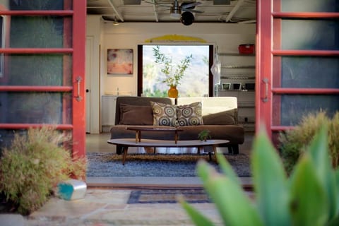 Fold out sleeper sofa in the Art studio with a a large skylight above to sleep under the stars