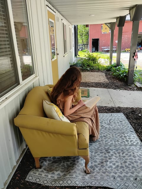 The front porch is a great place to relax, listen to the birds, and read. Although it has a shared parking area with the owners, there is still much privacy.