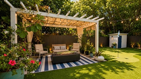 Outdoor Oasis: Enjoy al fresco evenings by the fire under twinkling lights amid lush greenery!