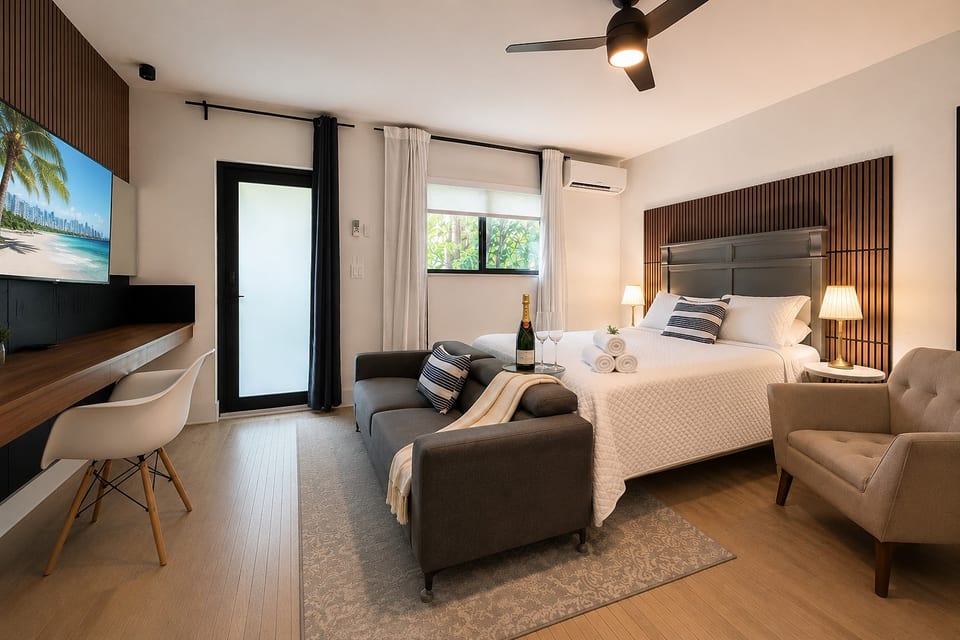 studio: Chic retreat with a plush bed, stylish decor, and cozy sitting area—perfect for relaxation!