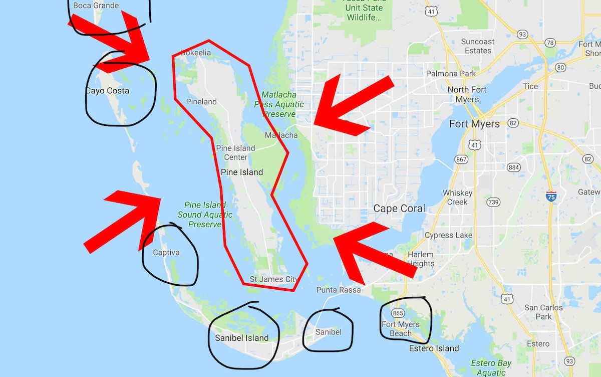 In red is Pine Island where the house is!  In black I circled all the other surrounding islands that have beautiful beaches to boat to!  Hope this helps show where everything is!  Have fun exploring