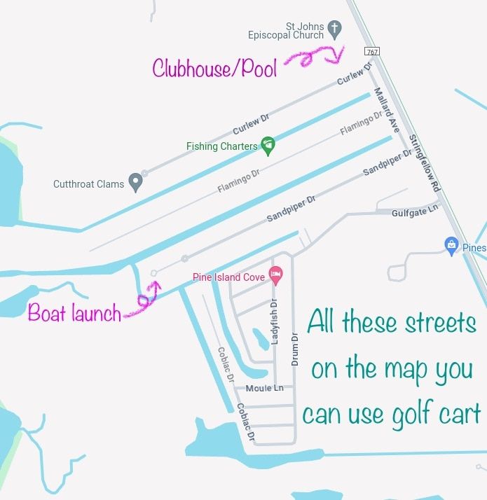 Please note this is where you can drive the golf cart. Cannot go out on main road and around whole island. It is just for our local community to get to pool and explore. Thank you