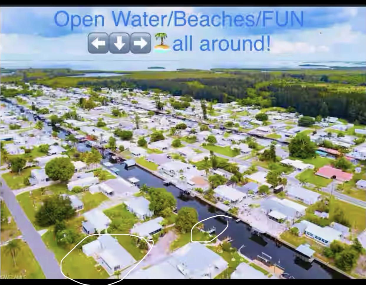 This shows the location of our house and our dock circled in white