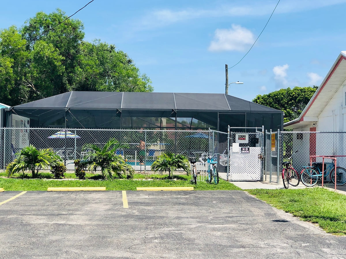 Huge enclosed pool, just steps from house!  Only for flamingo bay residents and guests so very quiet.  Plenty of parking for cars, bikes and golf carts!