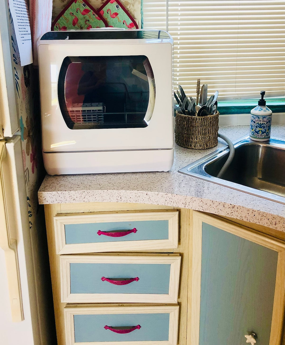 New Counter top dishwasher! Super easy to use and handy. Cabinets have been painted pink since this pic