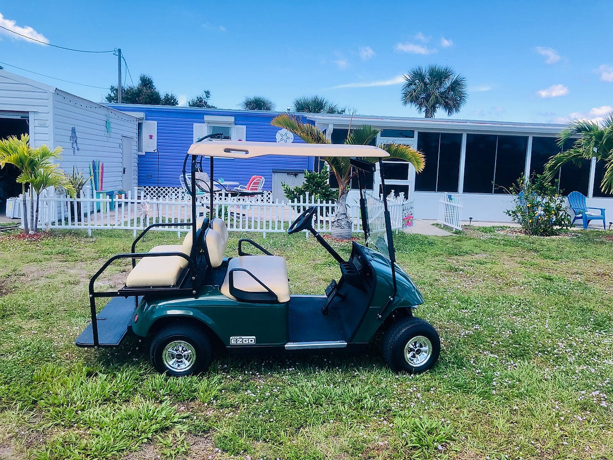 Our new golf cart! 4 seater electric cart available for rent during your stay ….to use around our community