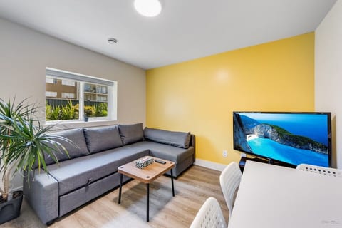 Living room with Sofa bed that converts to a full size bed. Has a 50" TV, Netflix, Amazon Prime, hi speed wifi & ethernet & a DVD player.