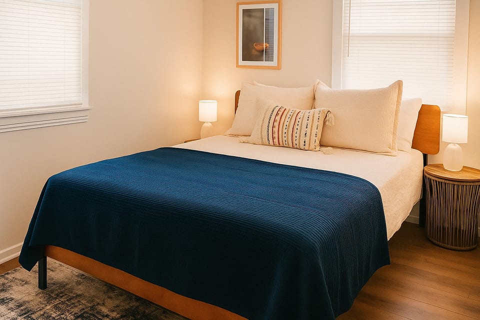 Bedroom with Queen bed, Smart TV, Two side tables, Two table lamps, Ceiling Fan & Rug