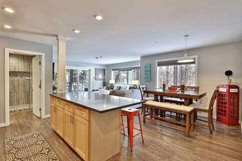 The island opens toward the dining table and queen sleeping area, with the walk-in-shower bathroom beside the kitchen.
