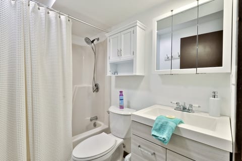 The Lower Unit's full bathroom has a combined tub and shower, plus a toilet, vanity and cabinet space.
