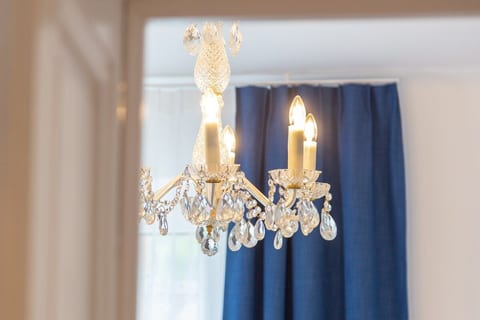 Bathe in royal light. This authentic crystal chandelier, professionally restored by an electrician, highlights the 1900s heritage of our boutique villa. Experience Imperial charm just 40 minutes from Hallstatt.