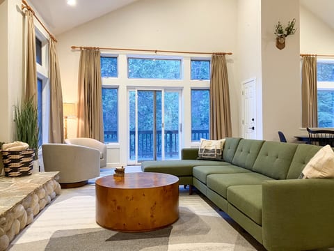 The great room at Boom Chalet is designed for relaxing together after a big day of Sierra adventures.