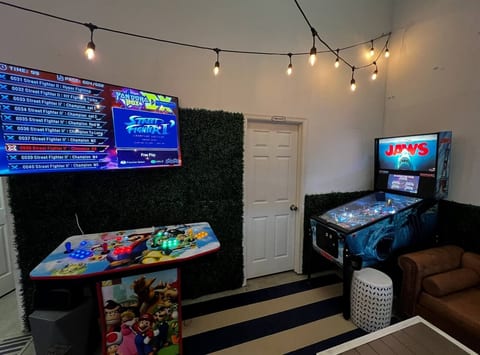 Newly Added for Fall 2025, (NEW Free play Jaws Pinball) and 4 player arcade pedestal with retro game Perfect Garage Game Room for Rainy, Winter/Summer Days