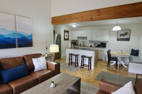 Living room and Kitchen, with pull out sofa bed and all the kitchen appliances and utensils you need.