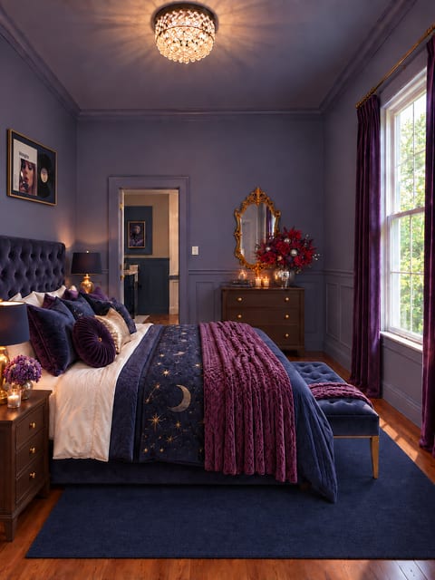 Luxurious jewel-toned bedroom with velvet accents and elegant natural light